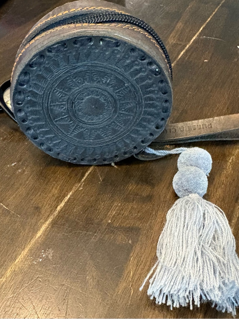 Round Embossed Leather Coin Purse with Tassel - Gray